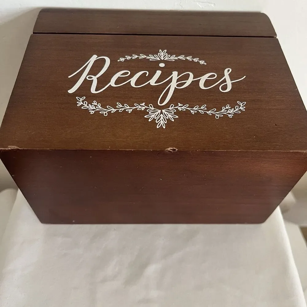 Outshine Wooden Recipe Box Set with Cards / Dividers Farmhouse Kitchen Brown
